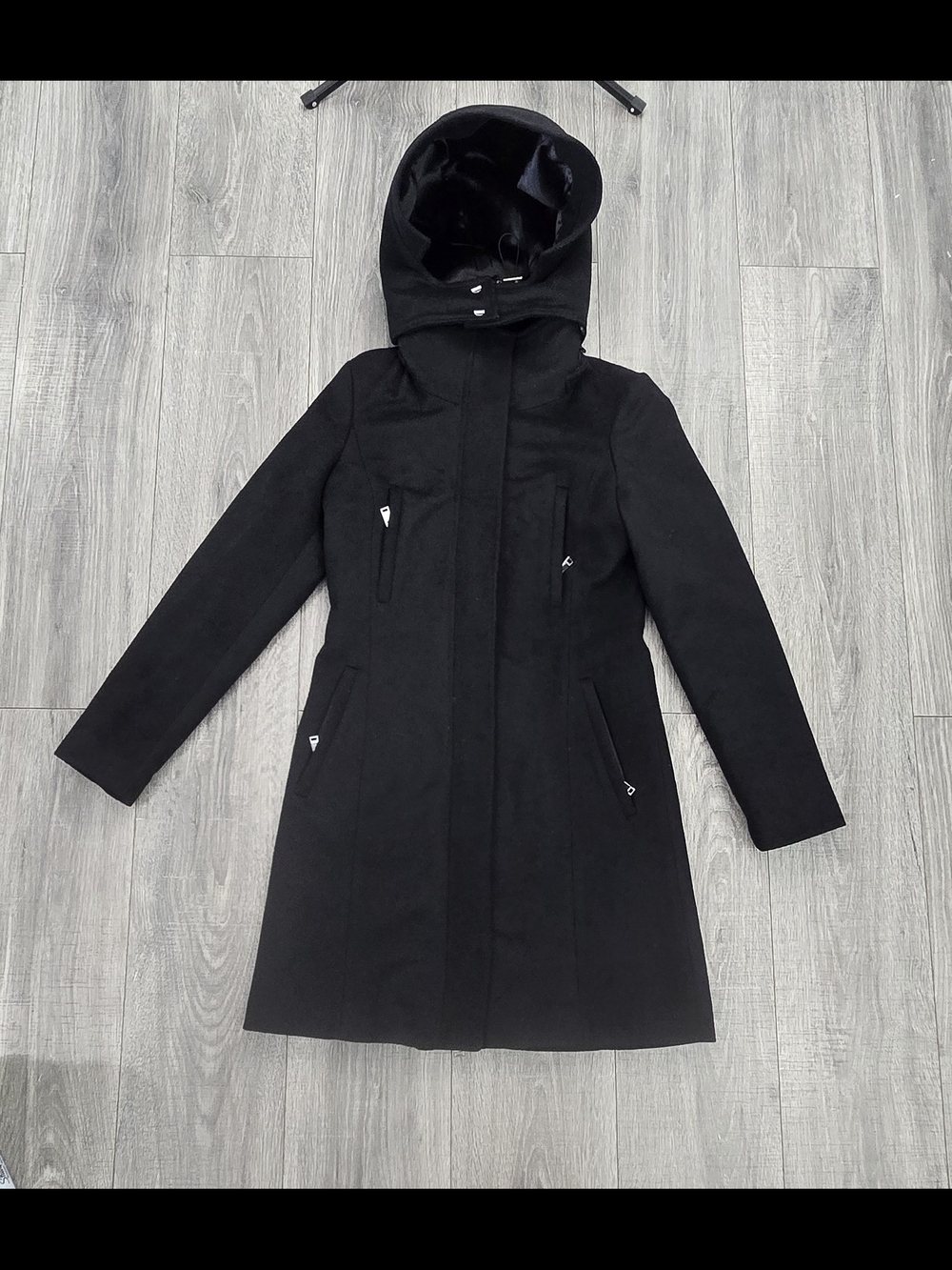 LAMARQUE Women’s Black Wool Blend Hooded Long Coat — XS — Item #754